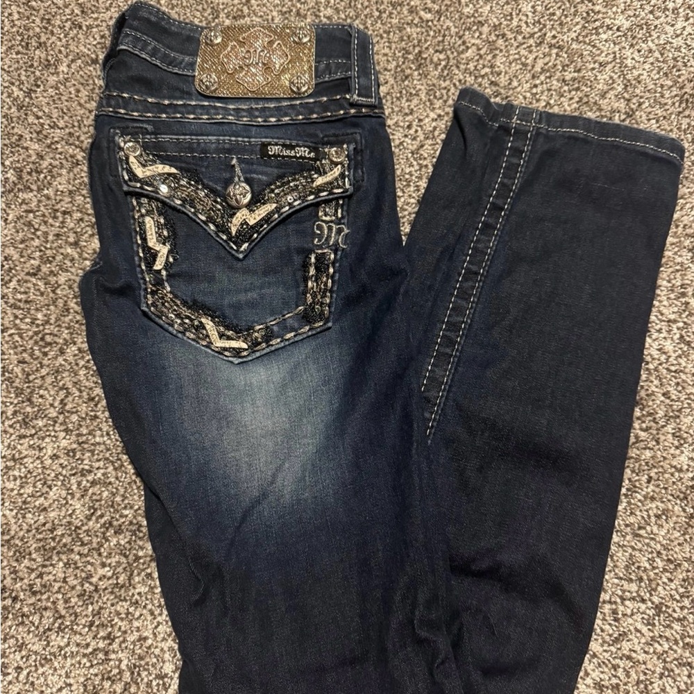 Miss Me Dark Blue Boot Cut Jeans with Embellished Pockets